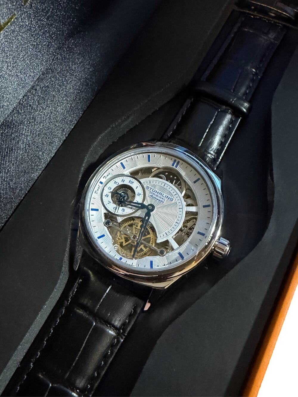 Stuhrling Legacy Automatic Skeleton Dual Time AM/PM Mens Leather Watch